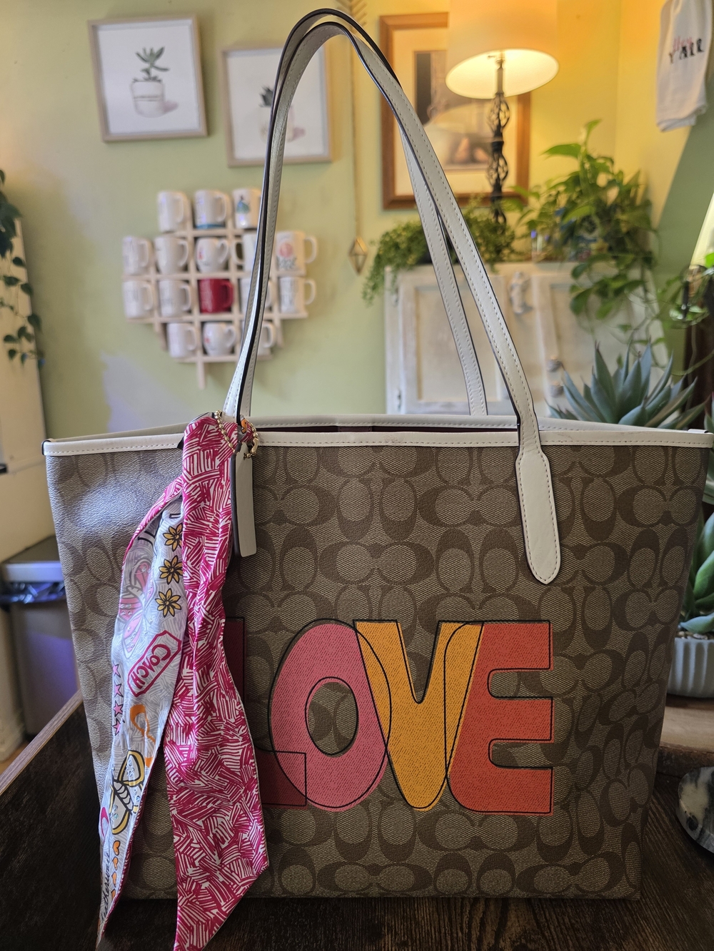 Coach Signature Canvas Tote Bag with Pink/Orange LOVE Print
